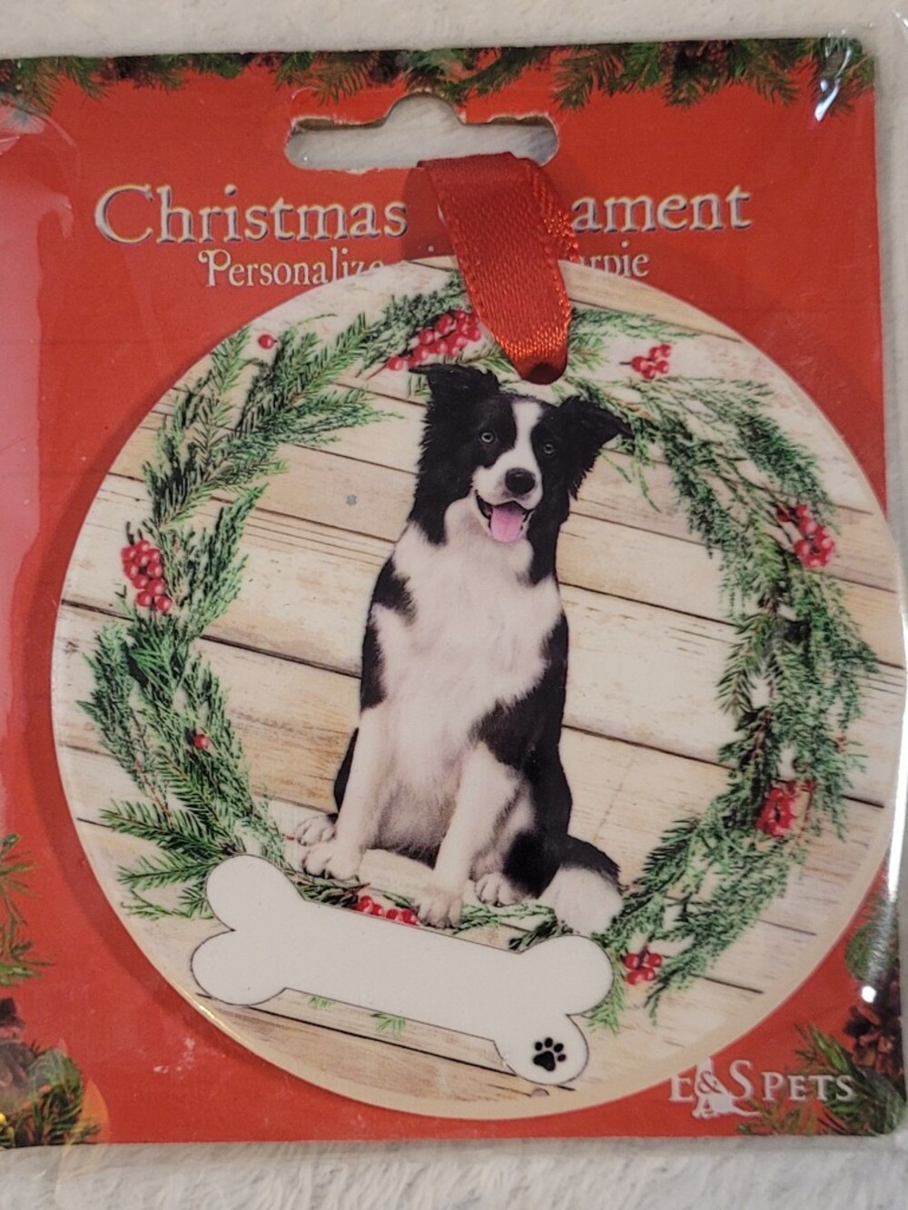 Kohl's Black and White Border Collie Christmas Ornament with Red Ribbon